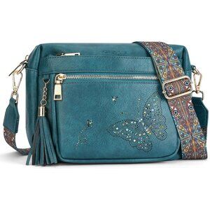 Women’s 07-peacock Blue Leather Purse Crossbody Bag Handbags Butterfly Design